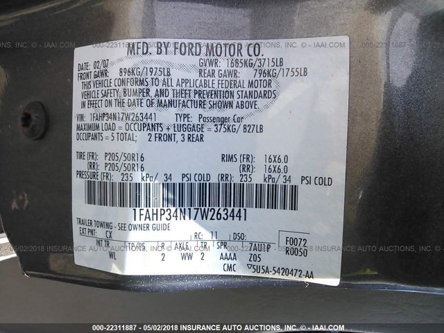 1FAHP34N17W263441 - 2007 FORD FOCUS ZX4/S/SE/SES 灰色 照片 9