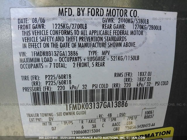 1FMDK03137GA13886 - 2007 FORD FREESTYLE LIMITED GREEN photo 9