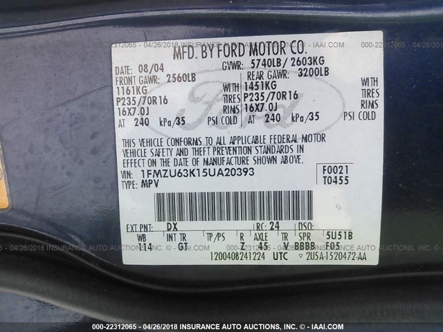 1FMZU63K15UA20393 - 2005 FORD EXPLORER XLT/XLT SPORT/NBX 蓝色 照片 9