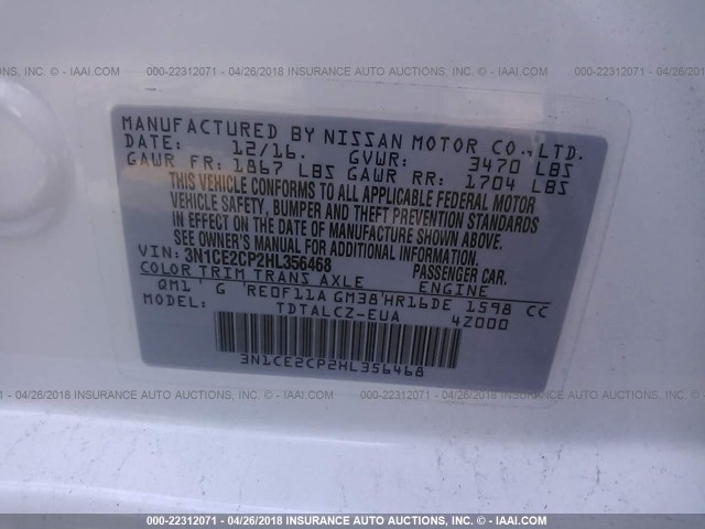 3N1CE2CP2HL356468 - 2017 NISSAN VERSA NOTE S/S PLUS/SV/SL/SR WHITE photo 9