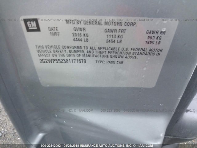 2G2WP552381171679 - 2008 PONTIAC GRAND PRIX ნაცრისფერი ფოტო 9