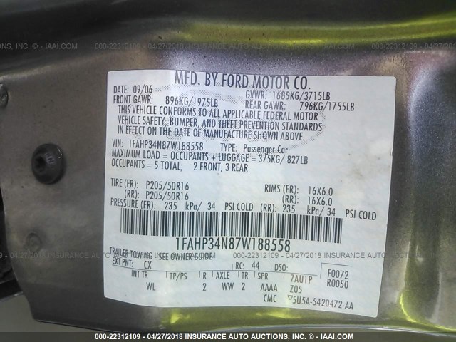 1FAHP34N87W188558 - 2007 FORD FOCUS ZX4/S/SE/SES GRAY photo 9