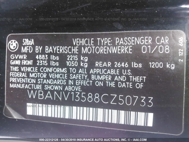 WBANV13588CZ50733 - 2008 BMW 528 XI BLACK photo 9