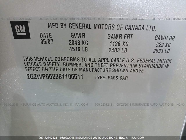 2G2WP552381106511 - 2008 PONTIAC GRAND PRIX ვერცხლისფერი ფოტო 9
