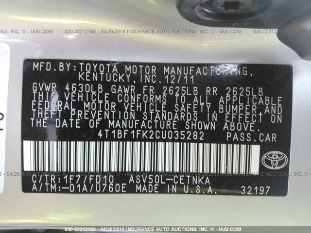 4T1BF1FK2CU035282 - 2012 TOYOTA CAMRY SE/LE/XLE SILVER photo 9