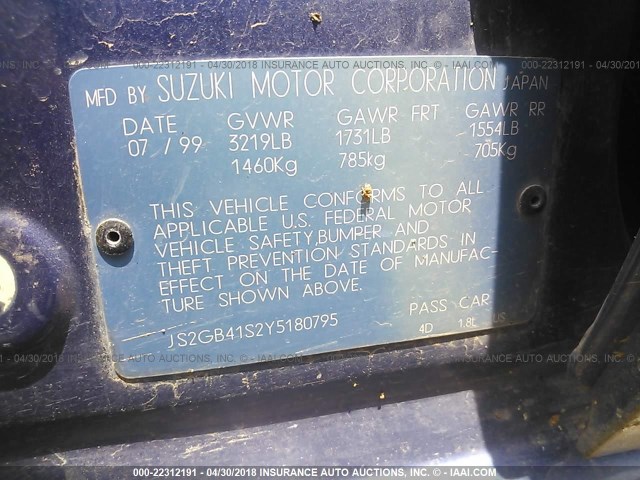 JS2GB41S2Y5180795 - 2000 SUZUKI ESTEEM GL/GLX/GLX SPORT BLUE photo 9
