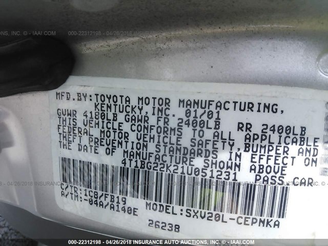 4T1BG22K21U051231 - 2001 TOYOTA CAMRY CE/LE/XLE 银色 照片 9