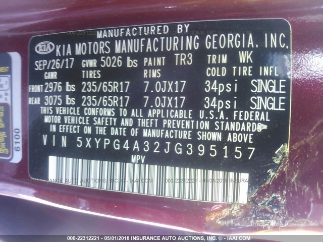 5XYPG4A32JG395157 - 2018 KIA SORENTO LX/L RED photo 9