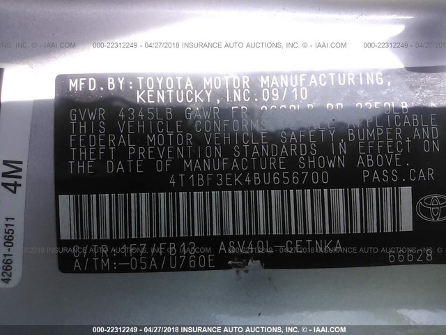 4T1BF3EK4BU656700 - 2011 TOYOTA CAMRY SE/LE/XLE SILVER photo 9