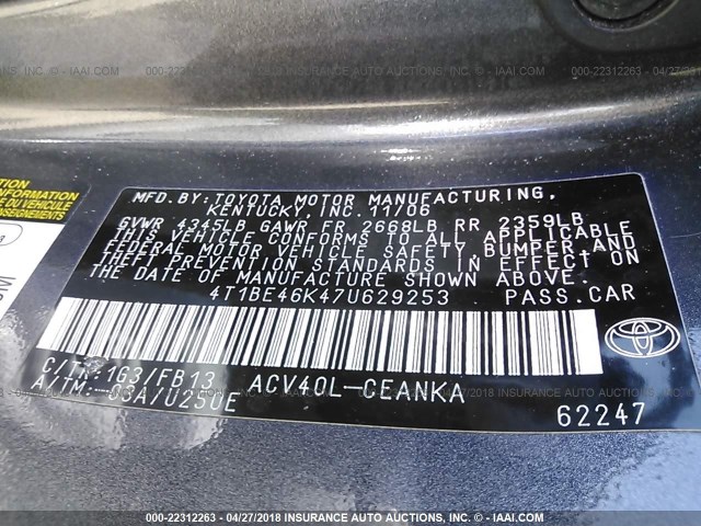 4T1BE46K47U629253 - 2007 TOYOTA CAMRY NEW GENERAT CE/LE/XLE/SE GRAY photo 9