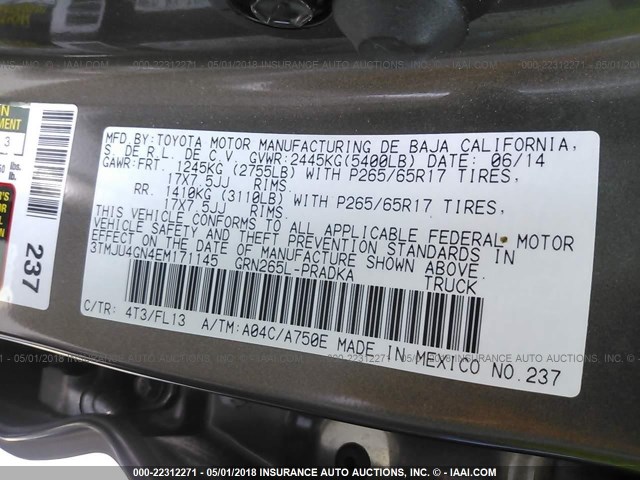 3TMJU4GN4EM171145 - 2014 TOYOTA TACOMA DOUBLE CAB PRERUNNER BROWN photo 9