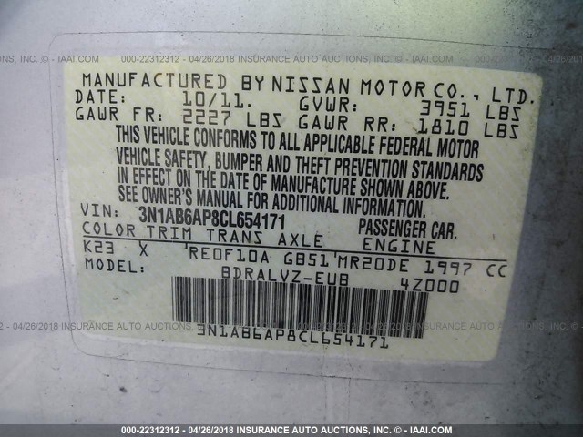 3N1AB6AP8CL654171 - 2012 NISSAN SENTRA 2.0/2.0S/SR/2.0SL SILVER photo 9