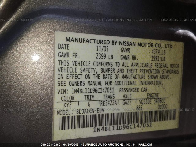 1N4BL11D96C147051 - 2006 NISSAN ALTIMA SE/SL/SE-R GOLD photo 9