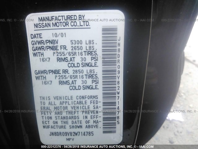 JN8DR09Y82W714785 - 2002 NISSAN PATHFINDER LE/SE BLACK photo 9