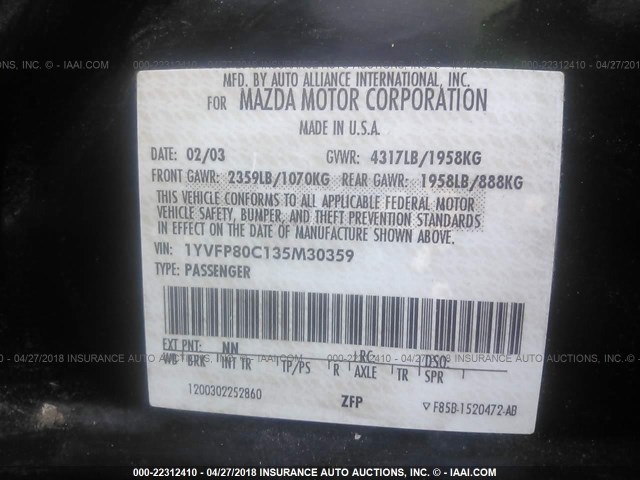 1YVFP80C135M30359 - 2003 MAZDA 6 I BLACK photo 9