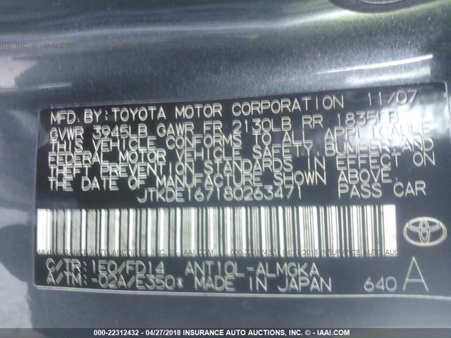 JTKDE167180263471 - 2008 TOYOTA SCION TC 灰色 照片 9