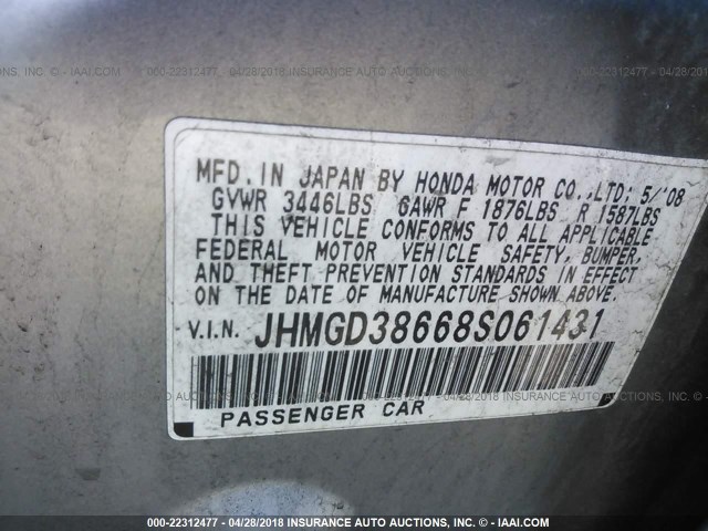 JHMGD38668S061431 - 2008 HONDA FIT SPORT SILVER photo 9