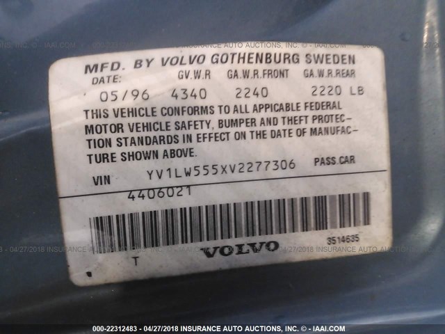 YV1LW555XV2277306 - 1997 VOLVO 850 BLUE photo 9