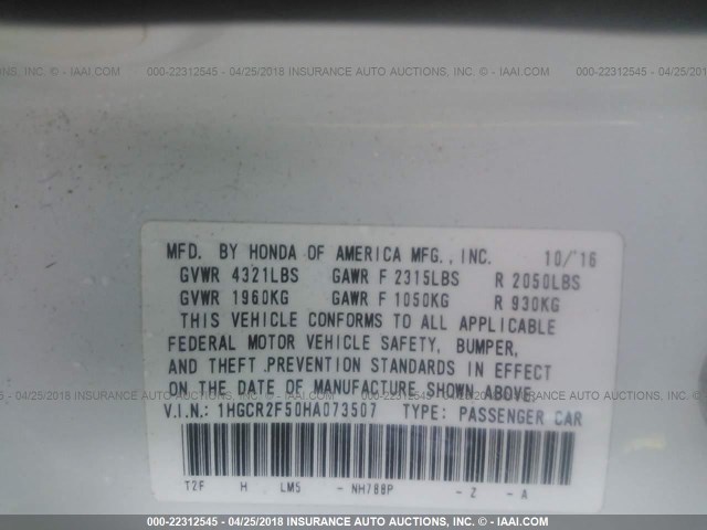 1HGCR2F50HA073507 - 2017 HONDA ACCORD SPORT 白色 照片 9