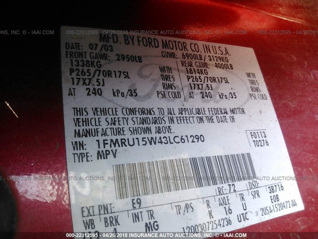 1FMRU15W43LC61290 - 2003 FORD EXPEDITION XLT 红色 照片 9
