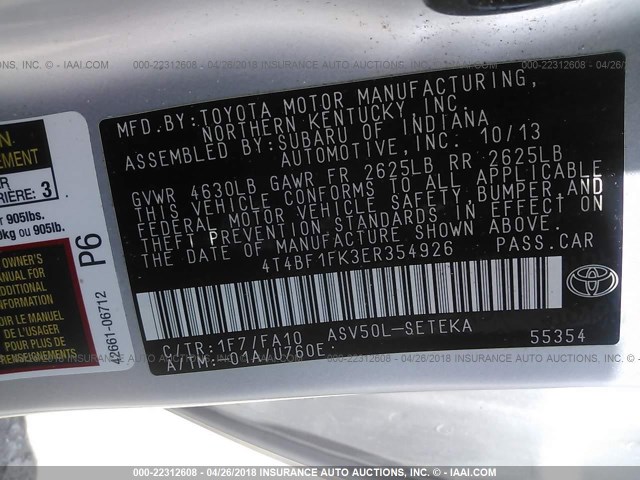 4T4BF1FK3ER354926 - 2014 TOYOTA CAMRY L/SE/LE/XLE 银色 照片 9