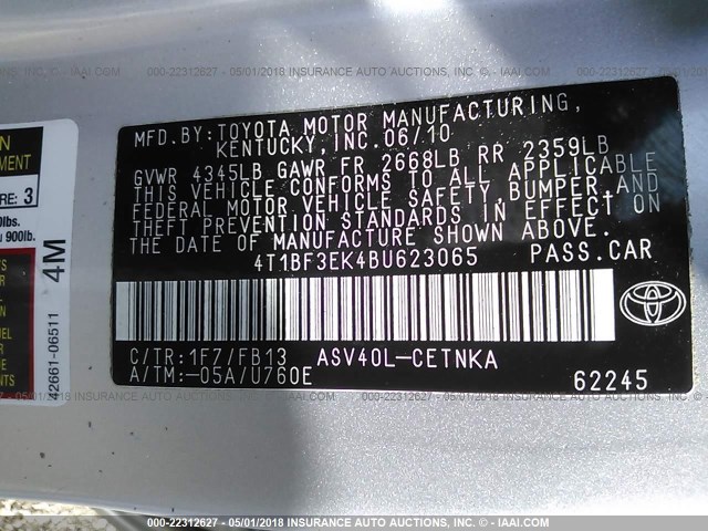 4T1BF3EK4BU623065 - 2011 TOYOTA CAMRY SE/LE/XLE SILVER photo 9