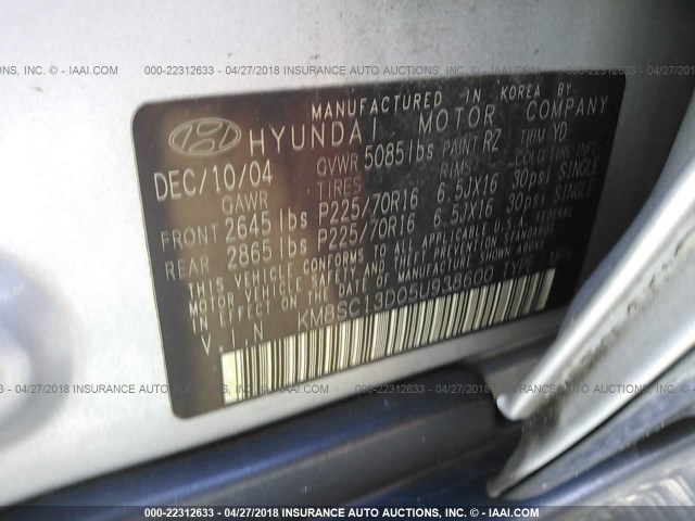 KM8SC13D05U938600 - 2005 HYUNDAI SANTA FE GLS/LX SILVER photo 9