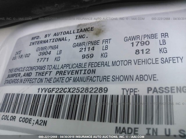 1YVGF22CX25282289 - 2002 MAZDA 626 LX WHITE photo 9