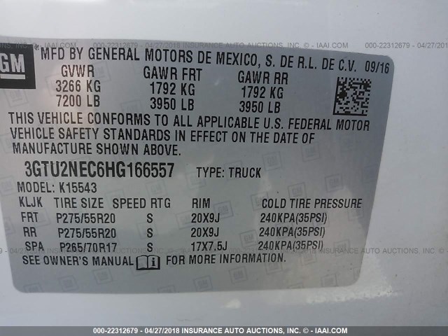 3GTU2NEC6HG166557 - 2017 GMC SIERRA K1500 SLT WHITE photo 9