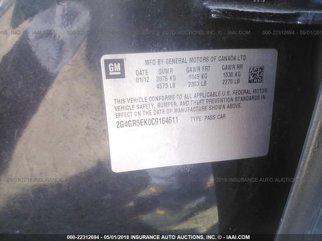 2G4GR5EK0C9164611 - 2012 BUICK REGAL BLACK photo 9