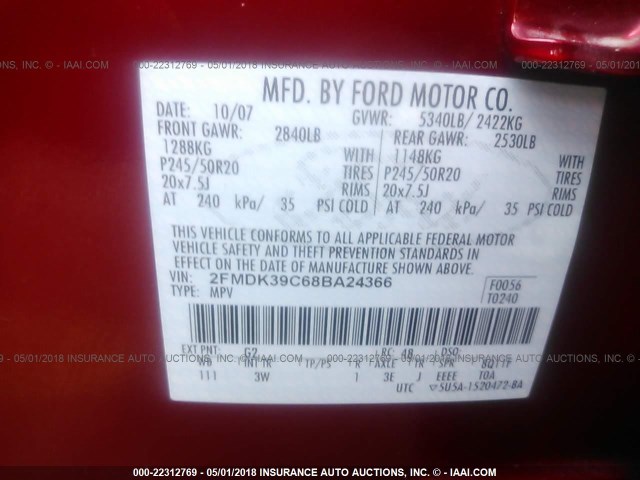 2FMDK39C68BA24366 - 2008 FORD EDGE LIMITED RED photo 9