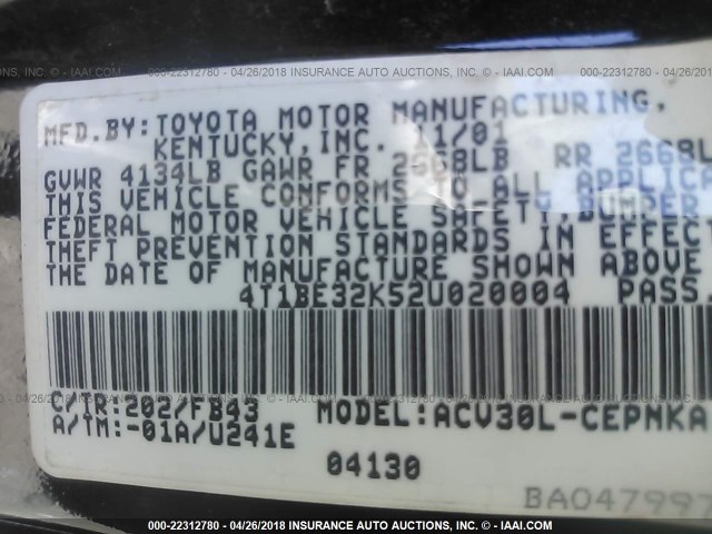 4T1BE32K52U020004 - 2002 TOYOTA CAMRY LE/XLE/SE BLACK photo 9