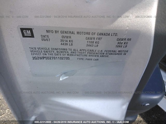 2G2WP552781102705 - 2008 PONTIAC GRAND PRIX SILVER photo 9