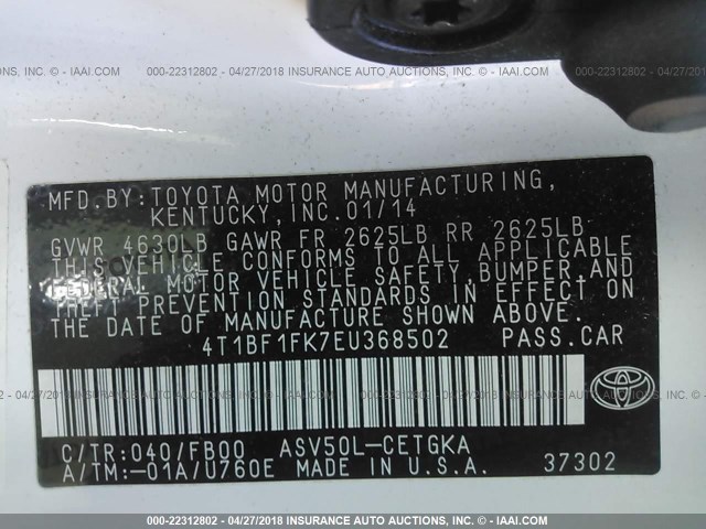 4T1BF1FK7EU368502 - 2014 TOYOTA CAMRY L/SE/LE/XLE 白色 照片 9