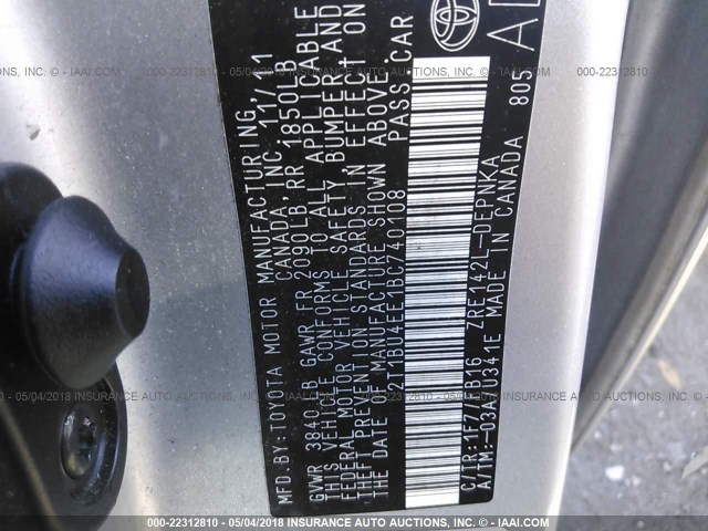 2T1BU4EE1BC740108 - 2011 TOYOTA COROLLA S/LE SILVER photo 9