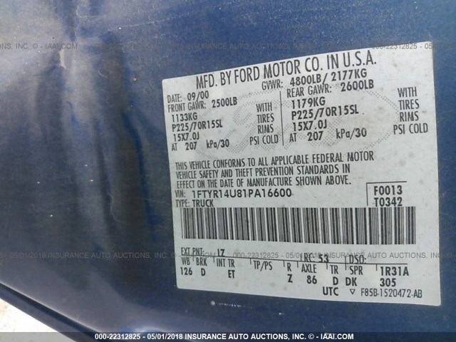 1FTYR14U81PA16600 - 2001 FORD RANGER SUPER CAB BLUE photo 9