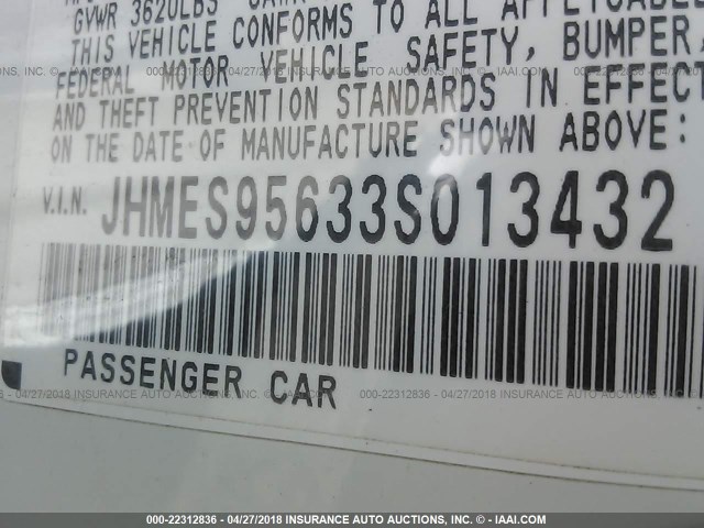 JHMES95633S013432 - 2003 HONDA CIVIC HYBRID WHITE photo 9