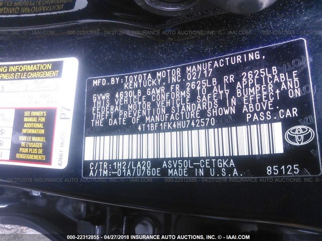 4T1BF1FK4HU742570 - 2017 TOYOTA CAMRY LE/XLE/SE/XSE BLACK photo 9