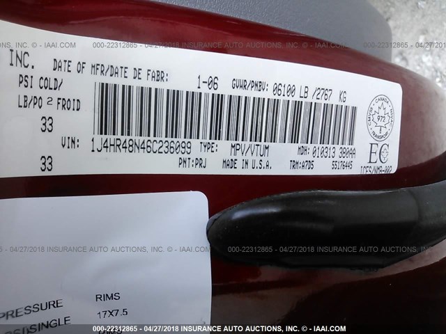 1J4HR48N46C236099 - 2006 JEEP GRAND CHEROKEE LAREDO/COLUMBIA/FREEDOM 红色 照片 9