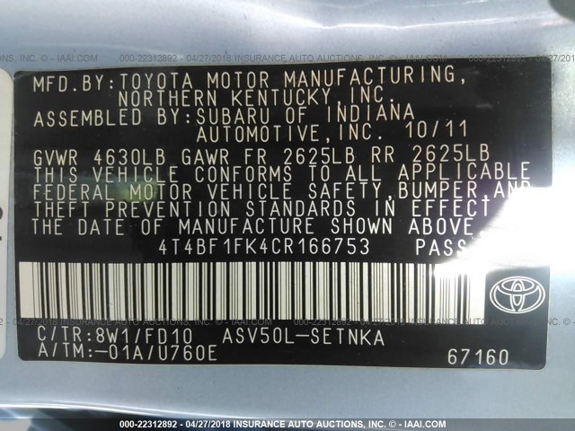 4T4BF1FK4CR166753 - 2012 TOYOTA CAMRY SE/LE/XLE Light Blue photo 9