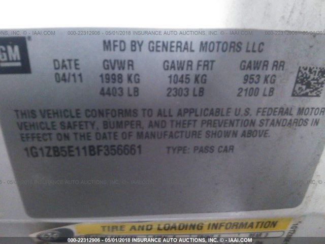 1G1ZB5E11BF356661 - 2011 CHEVROLET MALIBU LS 白色 照片 9