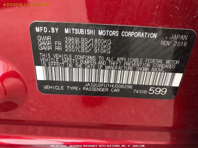 JA32U2FU1HU006296 - 2017 MITSUBISHI LANCER ES RED photo 16