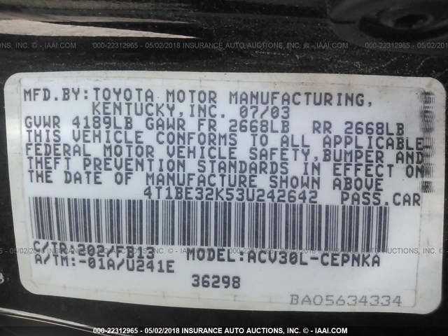 4T1BE32K53U242642 - 2003 TOYOTA CAMRY LE/XLE/SE BLACK photo 9