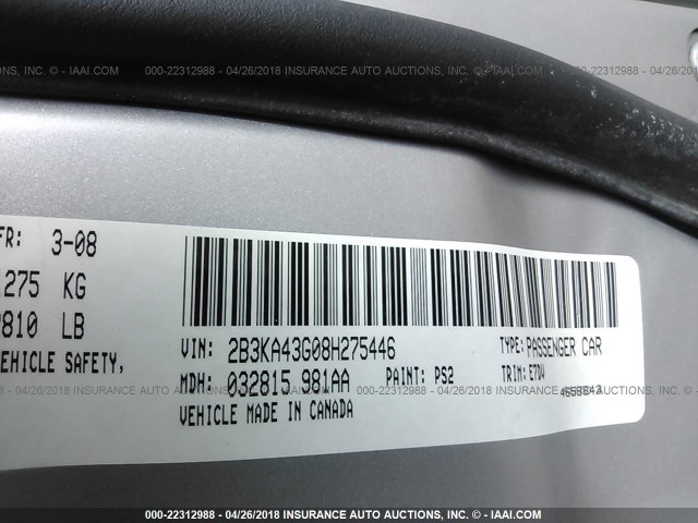 2B3KA43G08H275446 - 2008 DODGE CHARGER SILVER photo 9