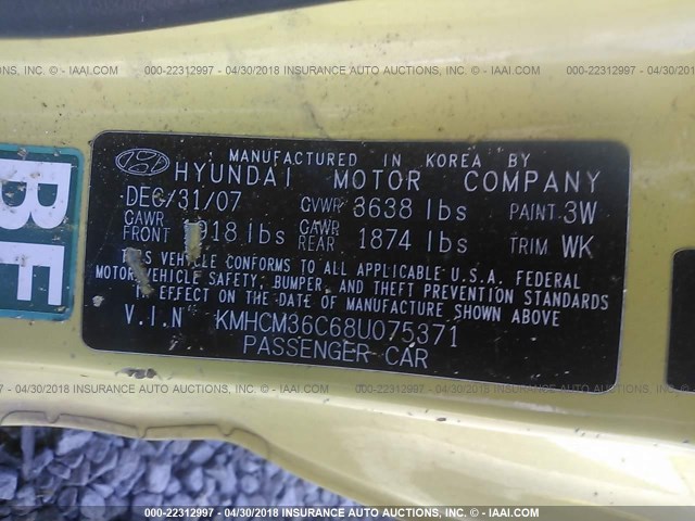 KMHCM36C68U075371 - 2008 HYUNDAI ACCENT GS YELLOW photo 9