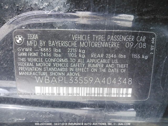 WBAPL33559A404348 - 2009 BMW 335 XI BLACK photo 9