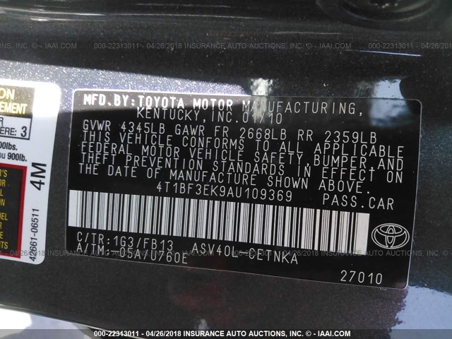 4T1BF3EK9AU109369 - 2010 TOYOTA CAMRY SE/LE/XLE 灰色 照片 9