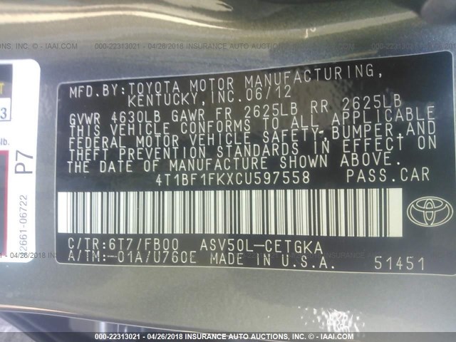 4T1BF1FKXCU597558 - 2012 TOYOTA CAMRY SE/LE/XLE GRAY photo 9