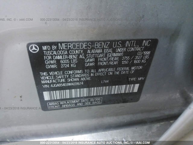 4JGAB54E8WA031674 - 1998 MERCEDES-BENZ ML 320 SILVER photo 9