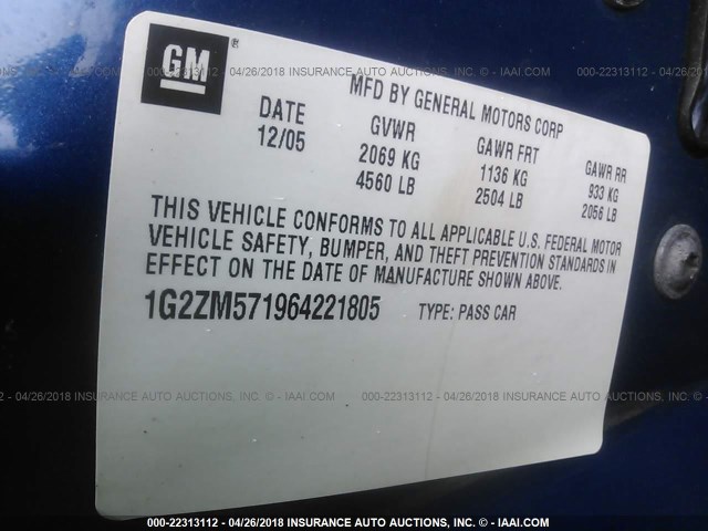 1G2ZM571964221805 - 2006 PONTIAC G6 GTP BLUE photo 9